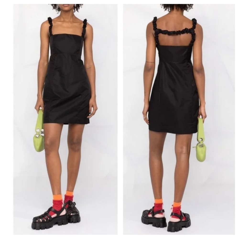 Ganni Shell Ruffle Strap Square Neck Mini Dress Solid Black 17640